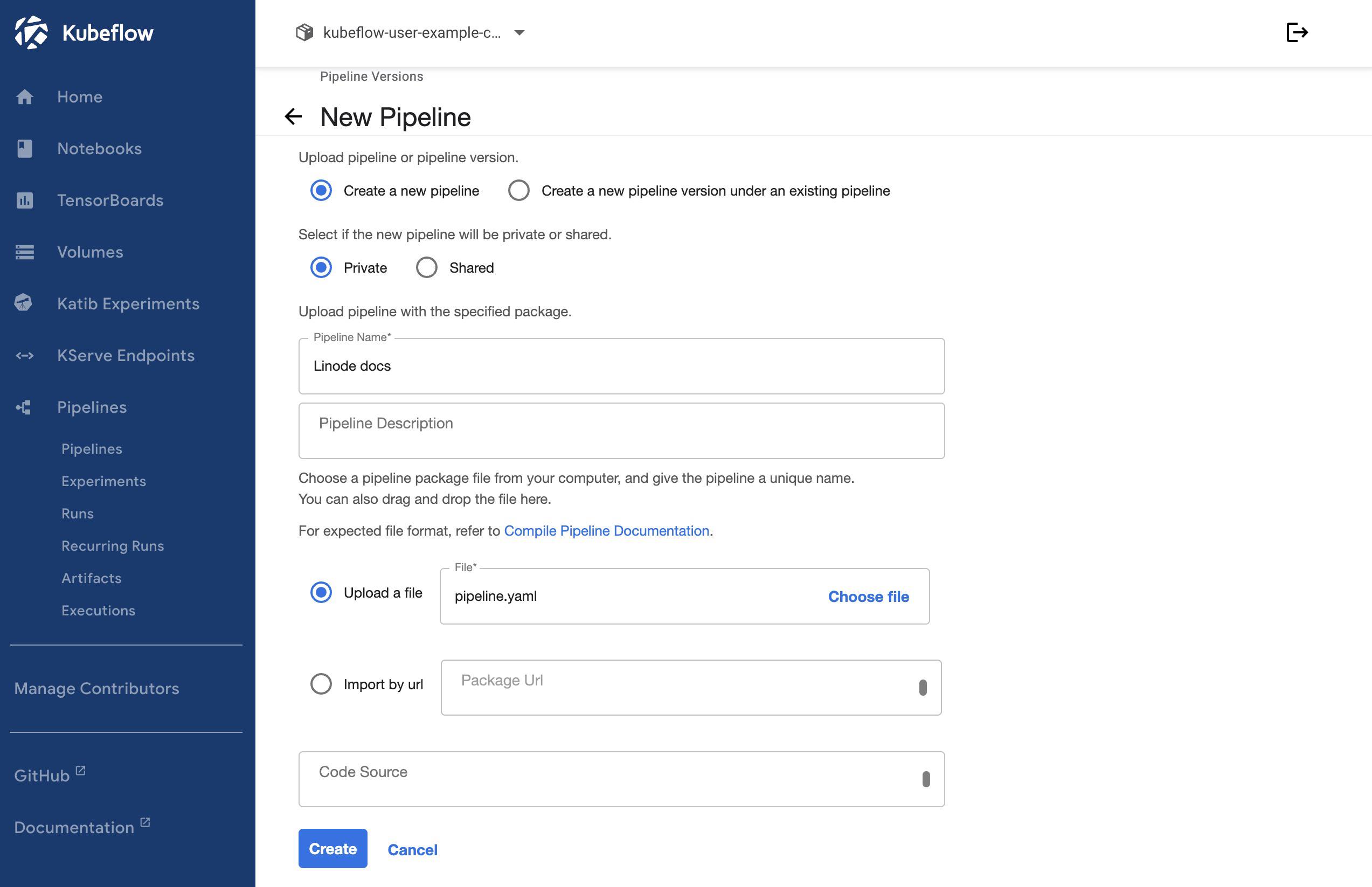Screenshot of the New Pipeline page within Kubeflow