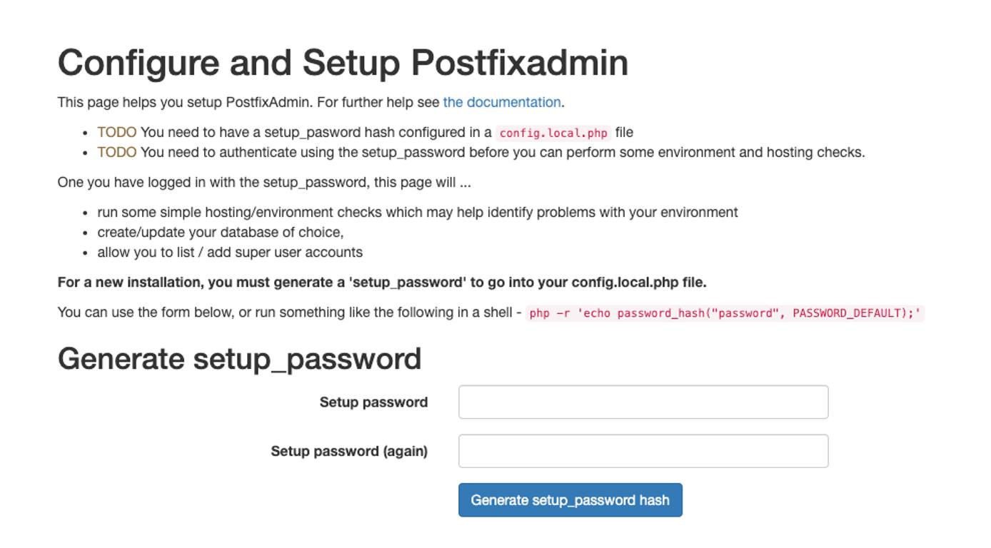 The PostFixAdmin initial setup page. The PostFixAdmin initial setup page.