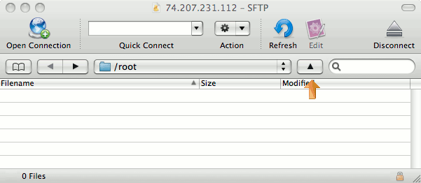 The root users home directory on a remote server in Cyberduck on Mac OS X.