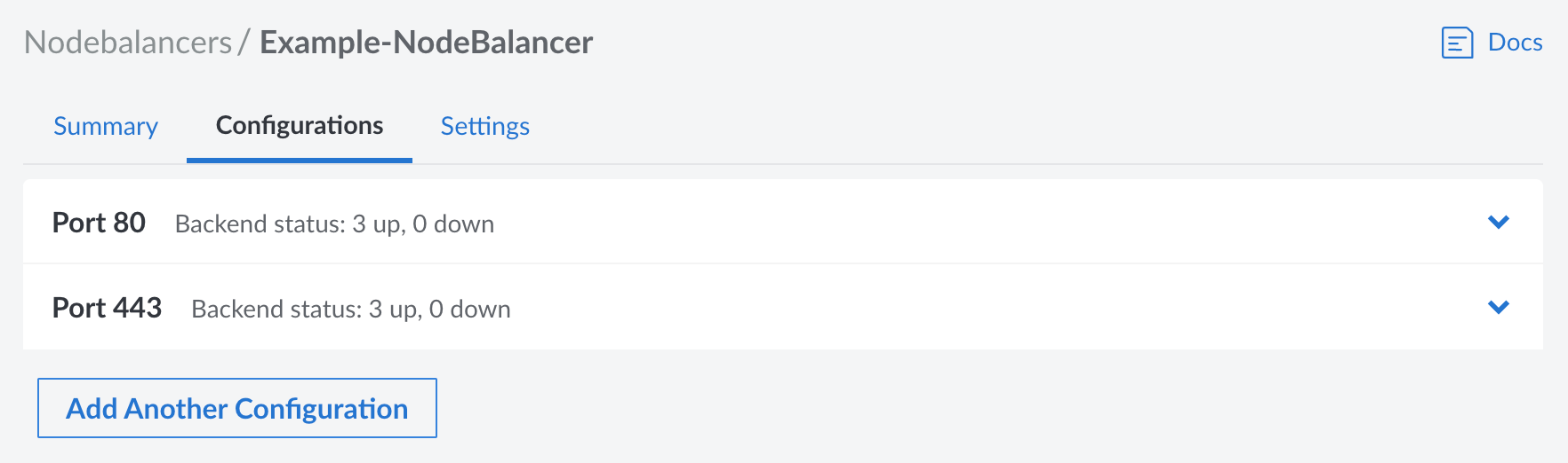 Screenshot of a NodeBalancers Configuration in Cloud Manager